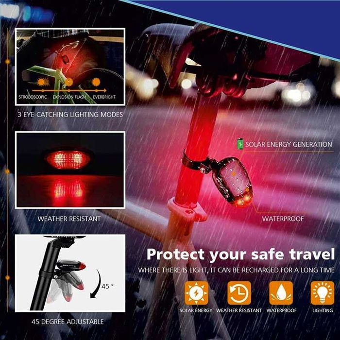 Задна LED стоп светлина за велосипед колело, Соларно захранване