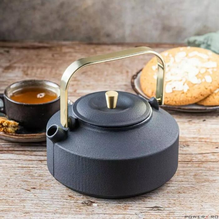 Ceainic din fonta cu strecuratoare, interior emailat, 1l, negru cu