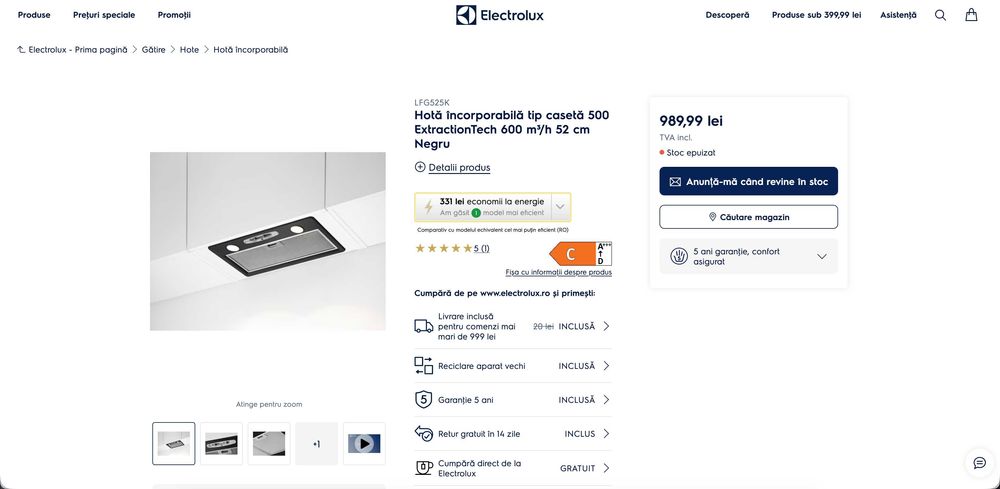 Hota Incorporabila Electrolux 500 ExtractionTech 600 m³/h 52 cm Negru