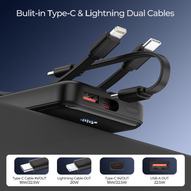 Външна батерия 10000 mAh с вградени 2 бр. USB-C кабела и 1xLightning