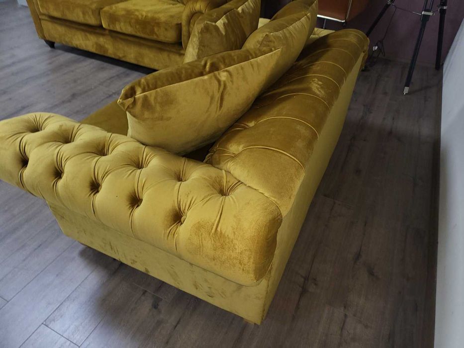 Жълт комплект дивани от плат - плюш тройка и двойка