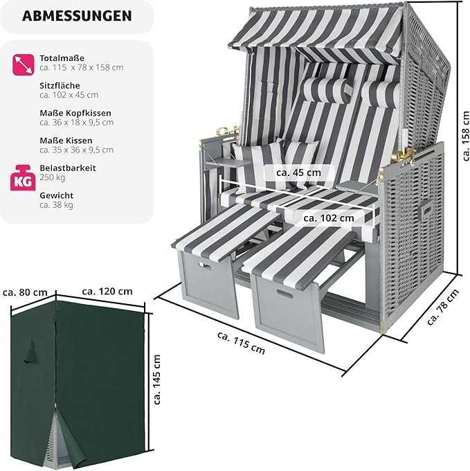 Плажен стол tectake® Baltic Sea, 2-местен, регулируема облегалка