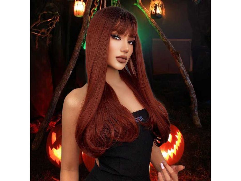 60 см омбре права перука с бретон в червеникаво-кафяв цвят