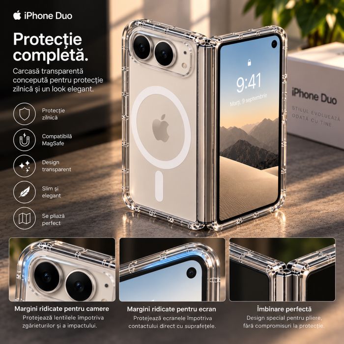 Husa de Protectie Transparenta pentru iPhone Duo, MagSafe, Slim, Pliabila, Margini Ridicate