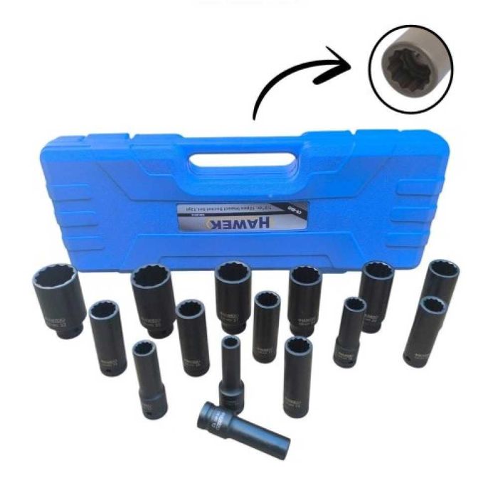 Комплект ударни вложки 1/2″ удължени 12-стенни 10 – 32мм 15части HAWEK
