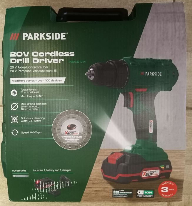 Parkside set filetanta bormasina 35Nm cu baterie 20V 2 A incarcator 1A