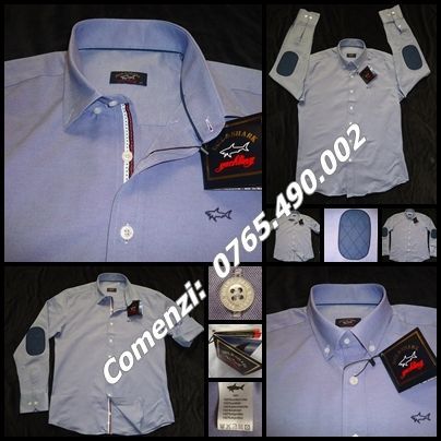 Camasa barbati maneca lunga coate bumbac denim turcoaz alba bleu P&S