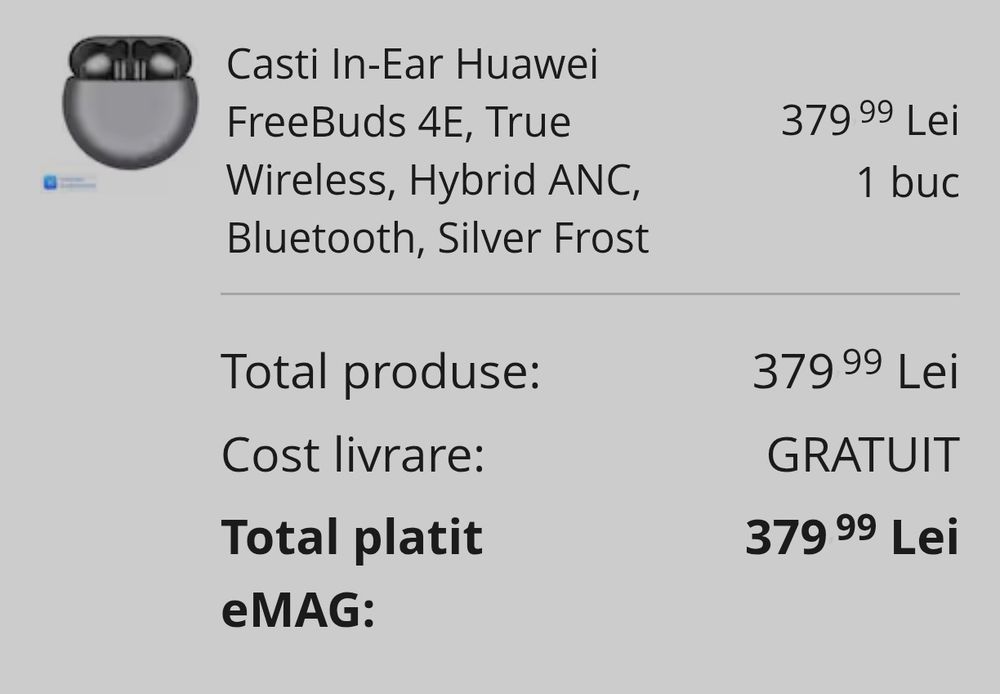 Casti In-Ear Huawei FreeBuds 4E, True Wireless, Hybrid ANC, Bluetooth, Silver Frost