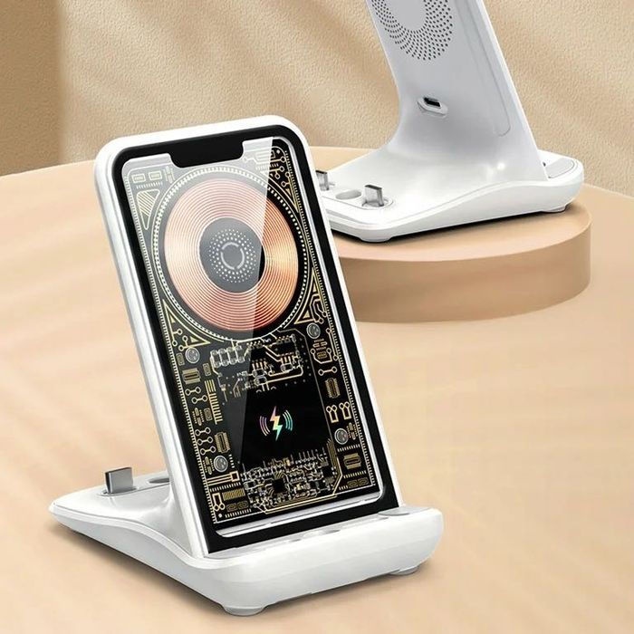 Настолна поставка за телефон с безжично зареждане – Бял