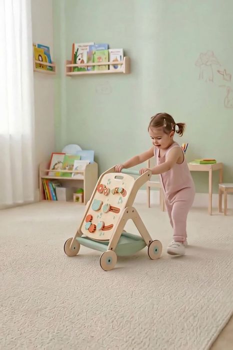 Дървена Проходилка,  активна маса и количка 5в1