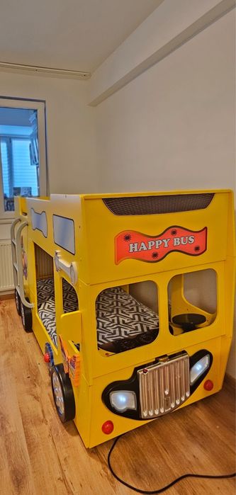 Pat supraetajat Masina Happy Bus - Pat din lemn MDF in forma de autobuz London Bus (galben)  SALTELE CADOU !!!