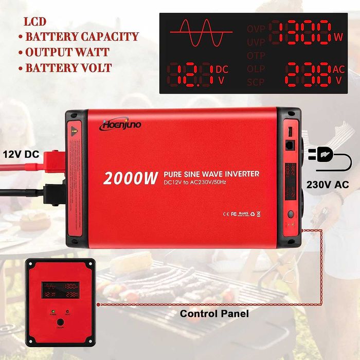 Hoenjuno 2000 W Car Inverter 12 V към 230 V 2000 W чист инвертор