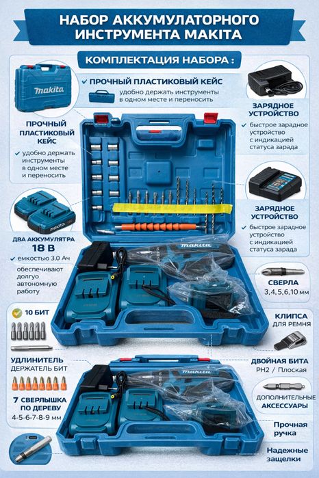 Аккумуляторный шуруповерт Makita 24V (Набор с кейсом) — Новый