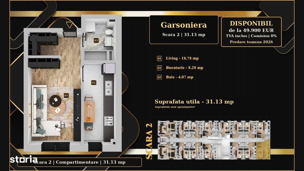 Ideal investitie: Garsoniera 31,13mp, 49.900€, TVA inclus