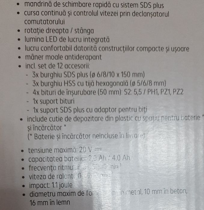 Ciocan Rotopercutor My Project  20V, 1.1J, rpm 900, ritm 5000, Nou!