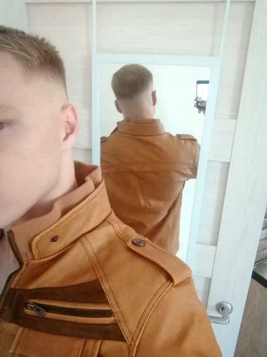 Кожено яке с качулка, жълто-кафяво, НОВО (L), Размери в описанието