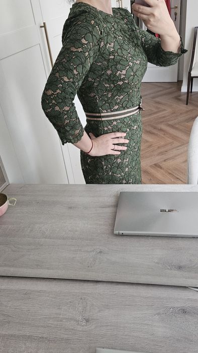 Като нова - дантелена рокля Hallhuber с коланче на кръста, размер М