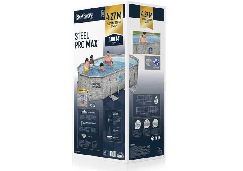 Piscina ovala Bestway, Steel Pro MAX Splashview Frame, cu pompa, scara, si prelata, cadru metalic, gri, 427 x 250 x 100 cm