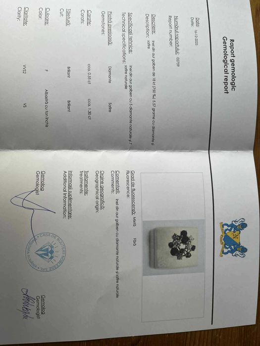 Inel din aur de 18k cu diamante si safire naturale, 5.57g, certificat