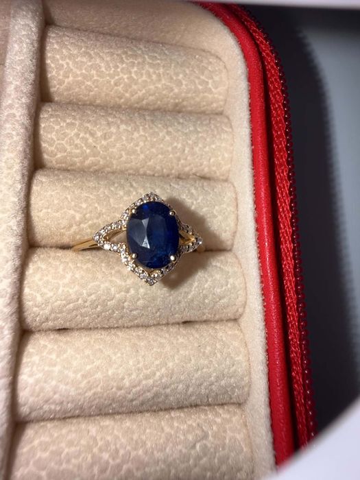 Inel din Aur Galben 14K cu Safir Natural și 36 Diamante (Certificat HRD Antwerp)