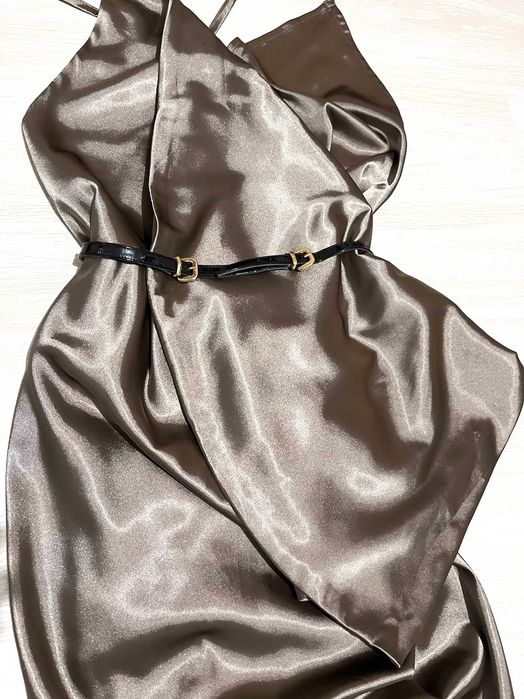 Rochie designer EVIS unicat satin ciocolatiu cu drapaje