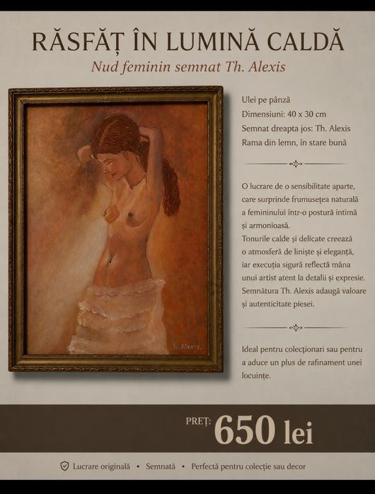 Tablou original – „Nud feminin” – ulei pe pânză, 40×30 cm, semnat Th. Alexis, ramă din lemn