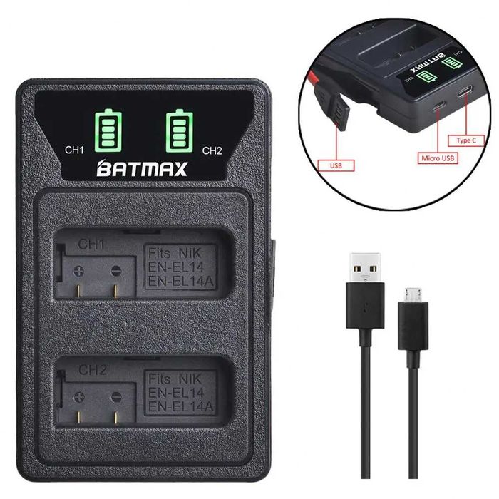 Set 2 acumulatori EN-EL14 + incarcator Nikon D3100 D3200 D5100 D5300