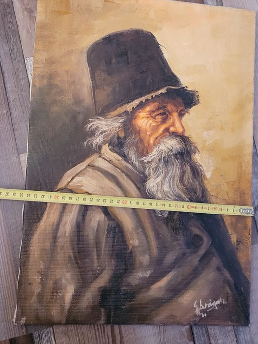 Superb tablou ,,Mos teaca,, ulei panza iuta Gheorghe Drăgan