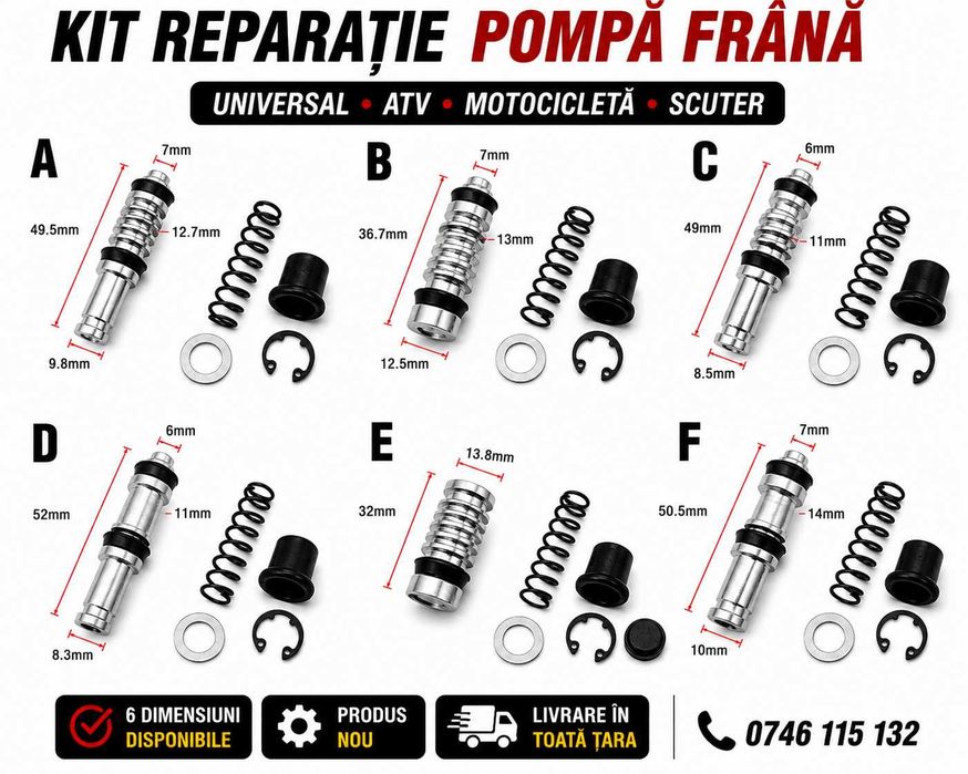 Kit Reparație Pompa Frână Față și Spate pentru ATV, Motocicletă și Scuter – Universal – Toate Modelele – Piston + Garnituri + Arc + Siguranță
