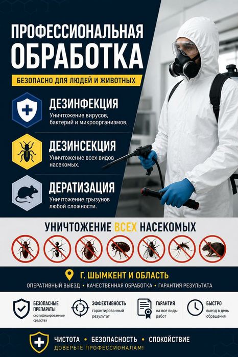 Дезинфекция Шымкент,тараканы,клопы,клещи,блохи