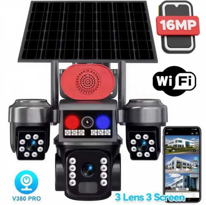 Соларна WiFi камера V380 Pro 16MP с 3 обектива, 360° наблюдение и нощно виждане