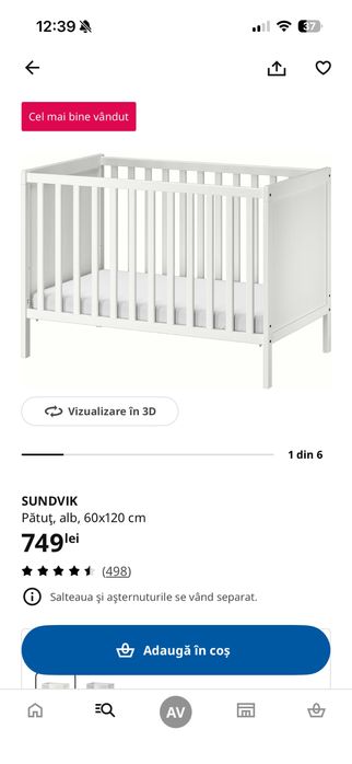 Patut bebe ikea Sundvik  + saltea cocos