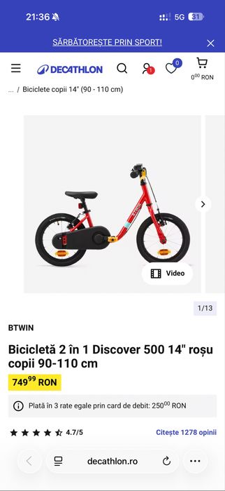 Bicicleta copii cu roti ajutatoare