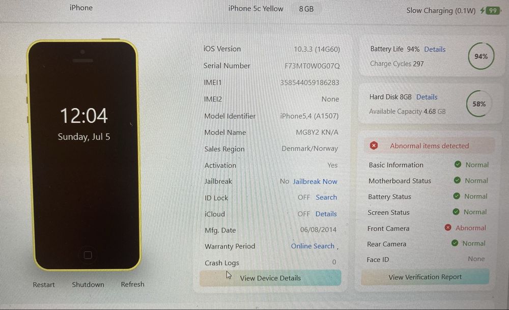 Iphon 5c 8gb baterie 94% display mort
