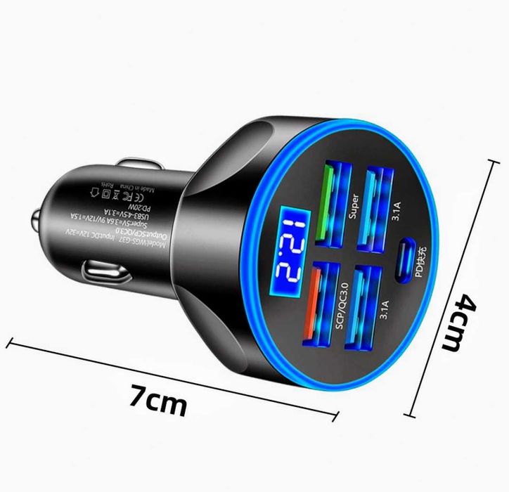 Încarcator telefon auto 12V 4 porturi USB 1 Tip C Afisaj Voltmetru Nou
