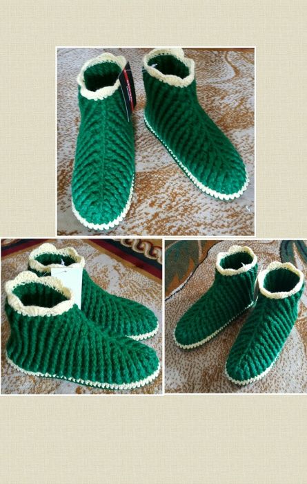 Вязаные домашние сапожки тёплые и удобные с синтепоном на подошве