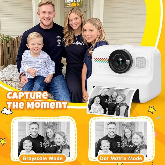 детски фотоапарат за моментален печат HiMont 1080P HD (3 ролки хартия + 32GB карта) Бял или лилаво