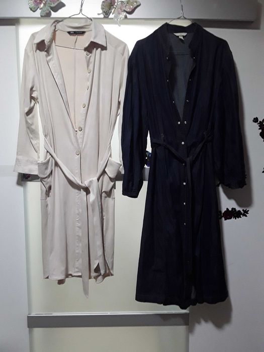 Geacă damă bleumarin 42  ,pardesie  rochițe bumbac  marimea M ,sacou Stradivarius  blugi Prada  ,fusta blugi  Only ,pantalon Bej  , toate 250  lei