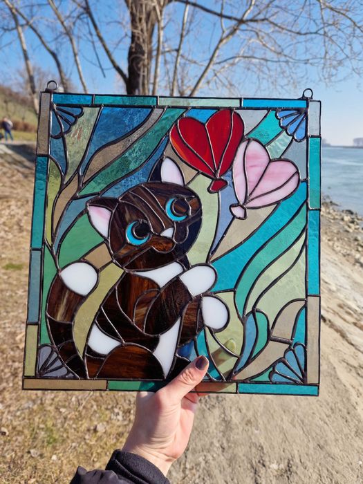 Vitraliu pisică cu baloane