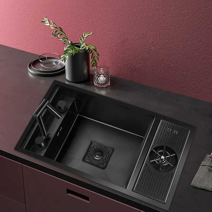 Черна мини мултифункционална кухненска мивка с капак