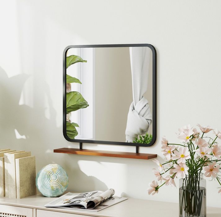 Стенно огледало с дървен рафт 55х55