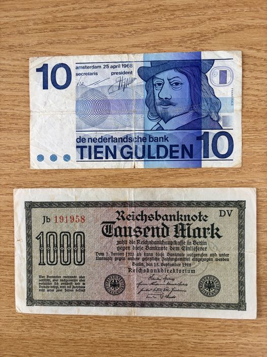 Lot bancnote vechi colectie: 10 Gulden Olanda 1968 + 1000 Mark Germania 1922