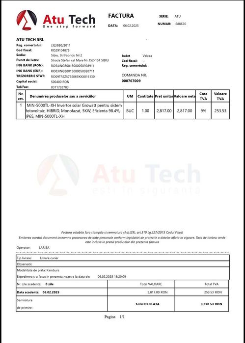 Invertor solar Growatt  HIBRID, Monofazat, 5KW