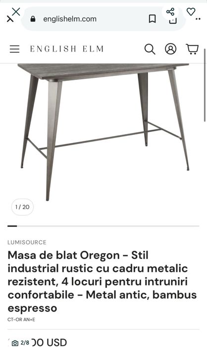 Masa de bar Oregon Lumisource cadru metalic cu blat bambus presat