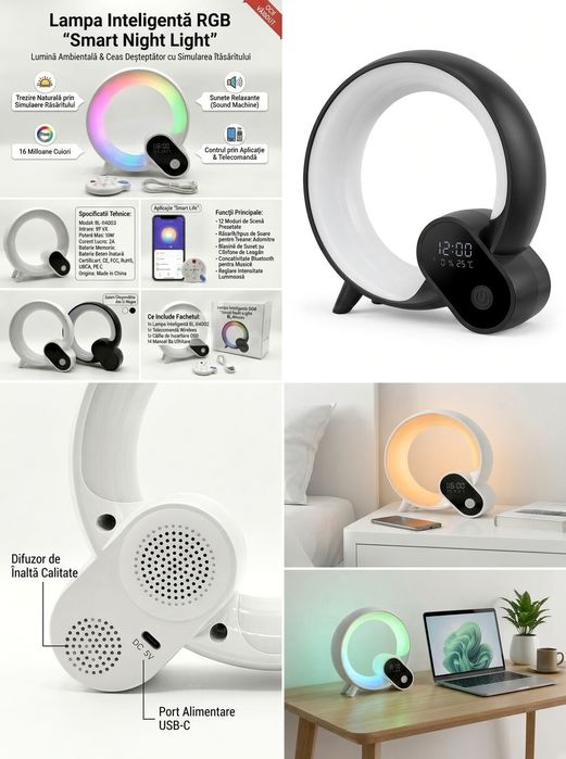 Lampă Inteligentă RGB 4-în-1 | Ceas, Alarmă Răsărit, Sunete Relaxante | Control Telefon (Nouă)