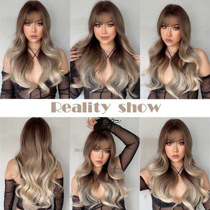 Омбре чуплива перука с кафяви корени и пепеляво руси краища с бретон