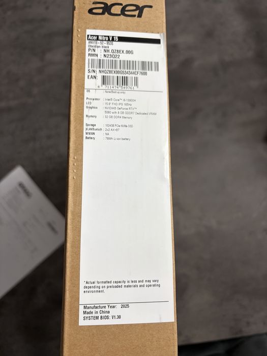 Acer Nitro V15 (Gaming) i9/1T ssd/8gb Video/32gb ram