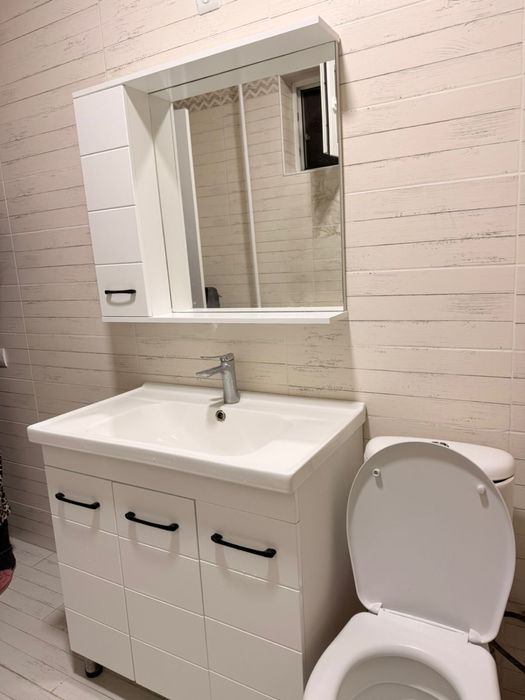 Умывальник с зеркалой и унитаз