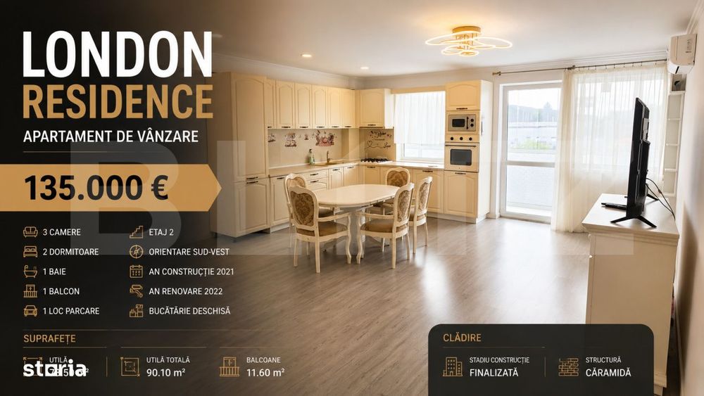 Apartament 3 camere, 90 mp, etaj intermediar, London Residence