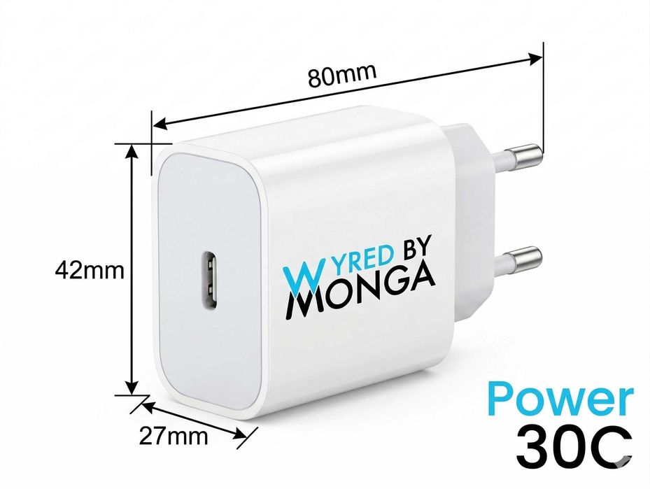 Încărcător Wyred by Monga - Power 30C, Fast Charge 30W, PD 3.0 + Cablu USB-C Nailon 60W Inclus, Alb